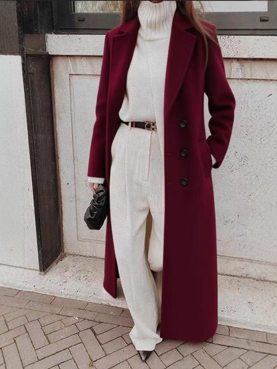 Long Wool Blend Coat with V-Neck