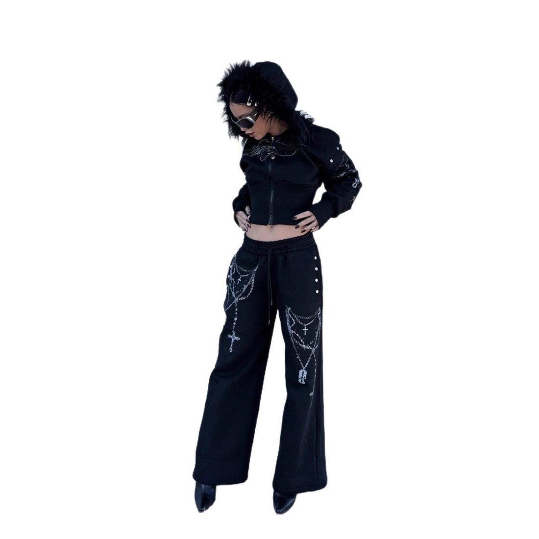 Printed Zipper Hoodie and Sweatpants Set