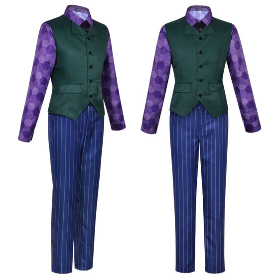 Green patterned vest with purple sleeves and striped trousers