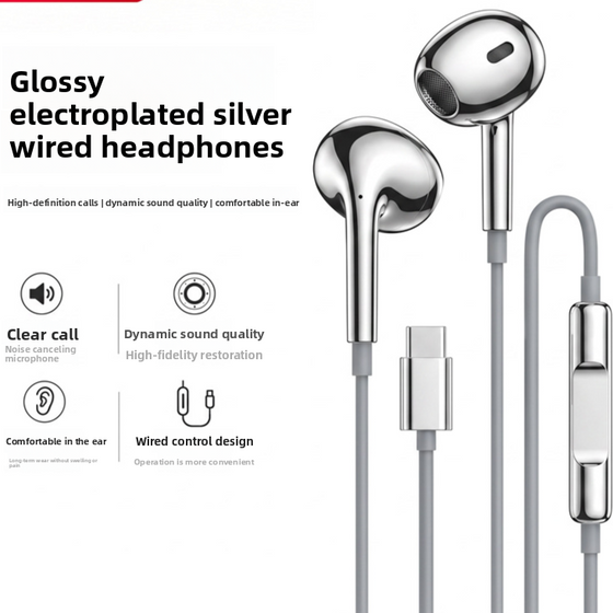 Glossy silver wired earphones with a USB-C plug and feature icons