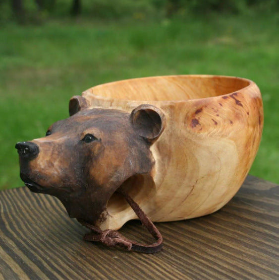 Kuksa wooden mug with hand-carved brown bear head handle, Bear style