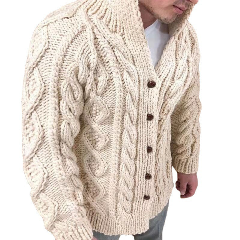 Men's Stand Collar Cable Knit Cardigan Long Sleeve Heavy-Duty Sweater