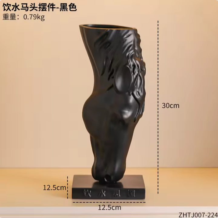 Horse head sculpture weighted base close-up
