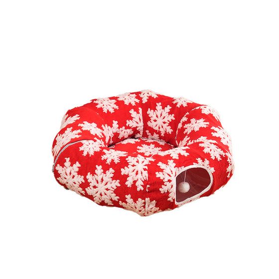 Christmas Cat Tunnel Bed – Red Snowflake Foldable Donut Bed with Play Tunnel