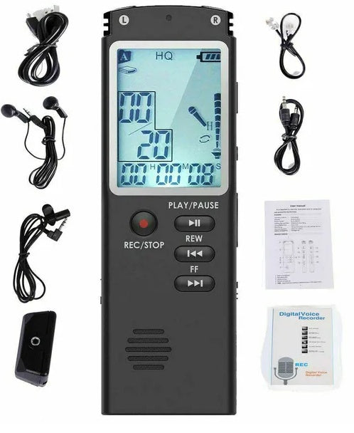 Black voice recorder with earphones, USB cable and manual