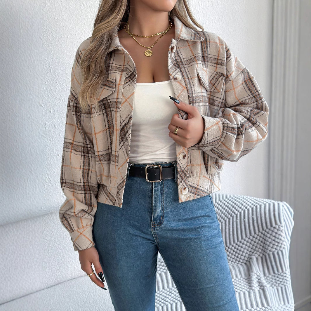 Women's Plaid Long Sleeve Lapel Woolen Jacket with Button Closure