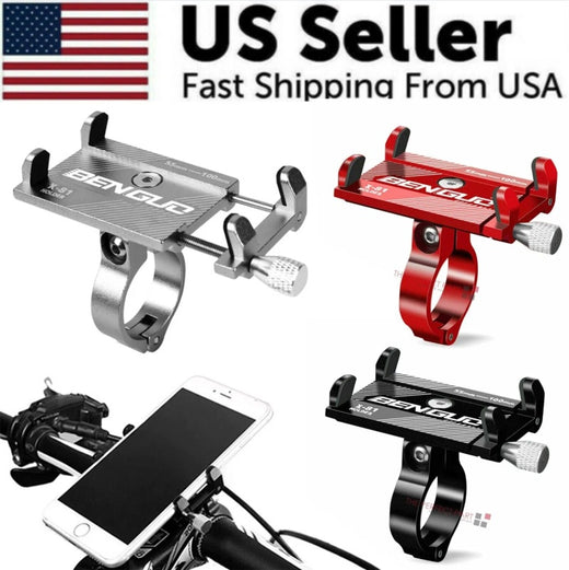 Aluminum bike phone mount on handlebar, front view
