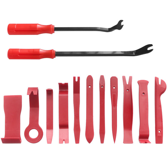 Red pry tools and fastener removers laid out