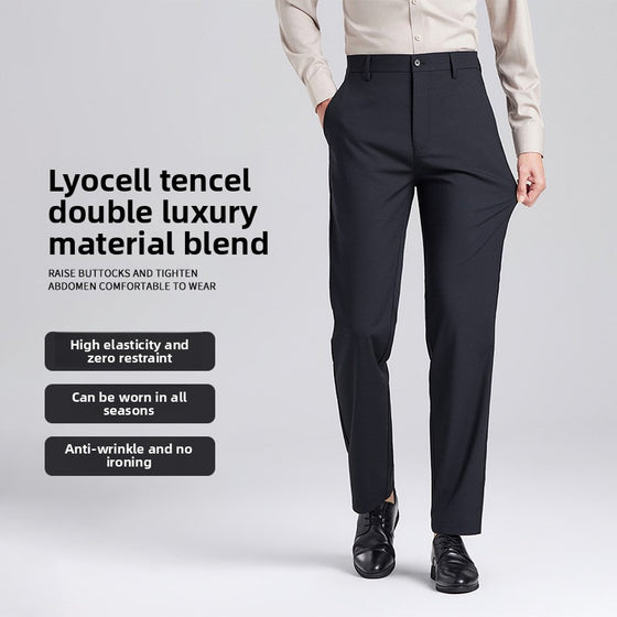 Black straight-leg pants beside the lyocell tencel blend description