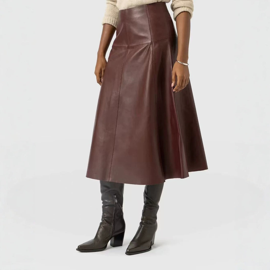 Womens High Waist A-Line Faux Leather Colorblock Mini Skirt
