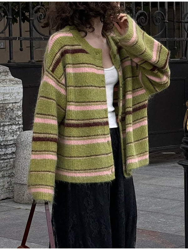 Women's green striped color-block knit cardigan, photo 3