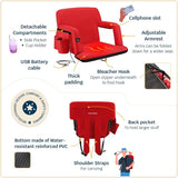 Heated stadium seat folded flat for carrying