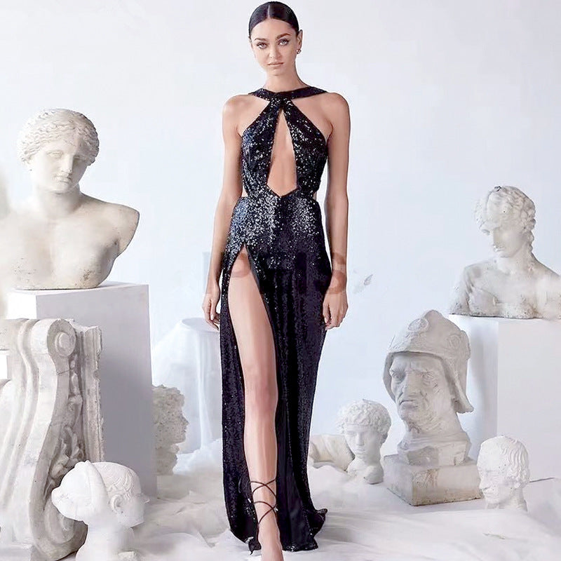2025 Cross-Border Spring Sexy Party Sequined Irregular Temperament Evening Dress Women's European and American Amazon Halter Dress