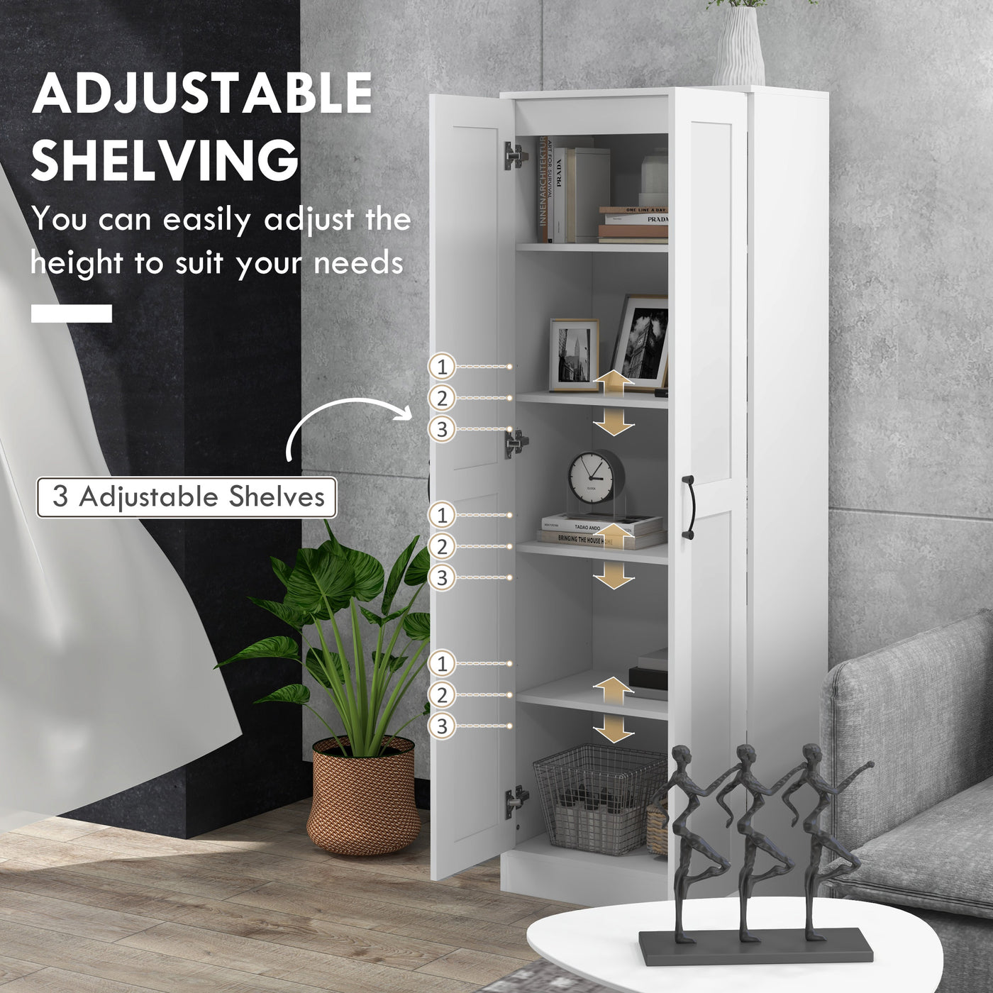 White Tall Storage Cabinet with Adjustable Kitchen Shelves