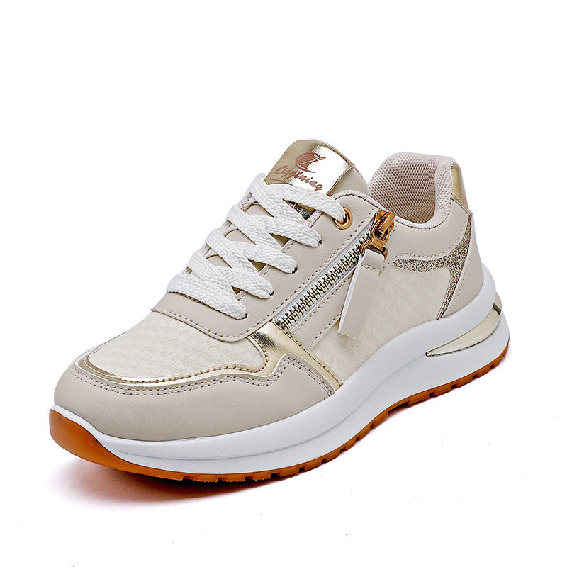 Women Colorblocked Round Toe PU Leather Flat Platform Casual Sneakers
