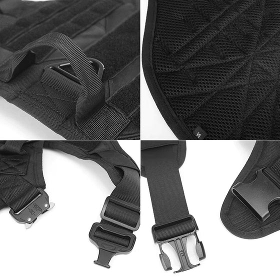 Close-up of the tactical harness padding and quick-release buckles