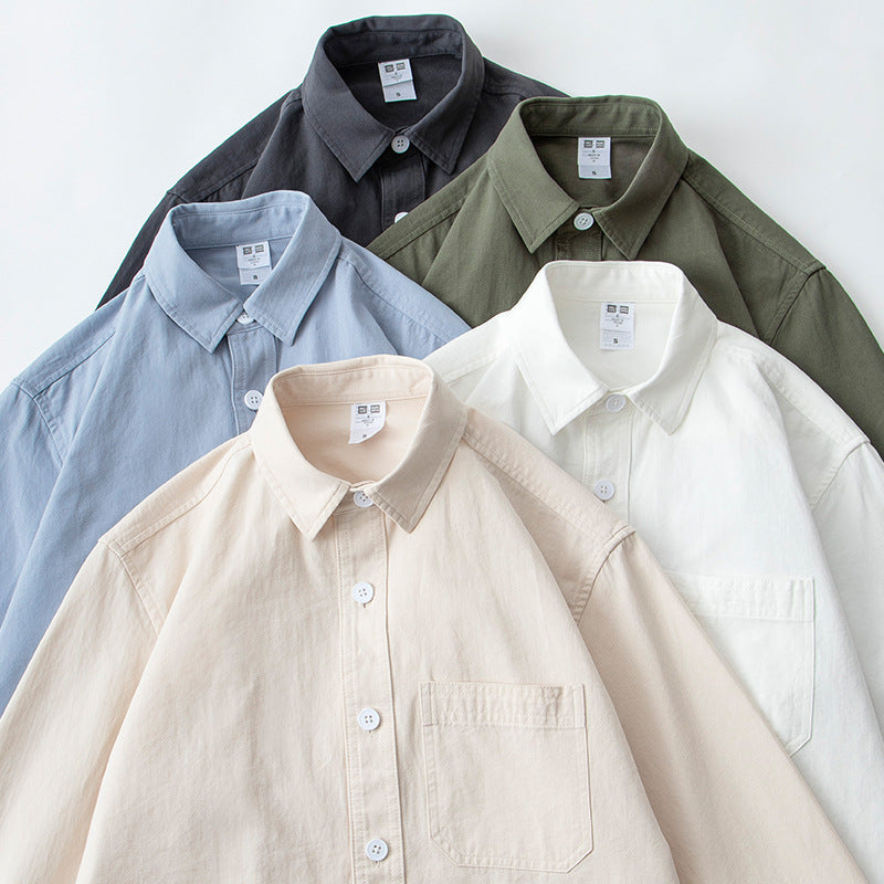Men's Pure Cotton Solid Color Long Sleeve Lapel Shirt