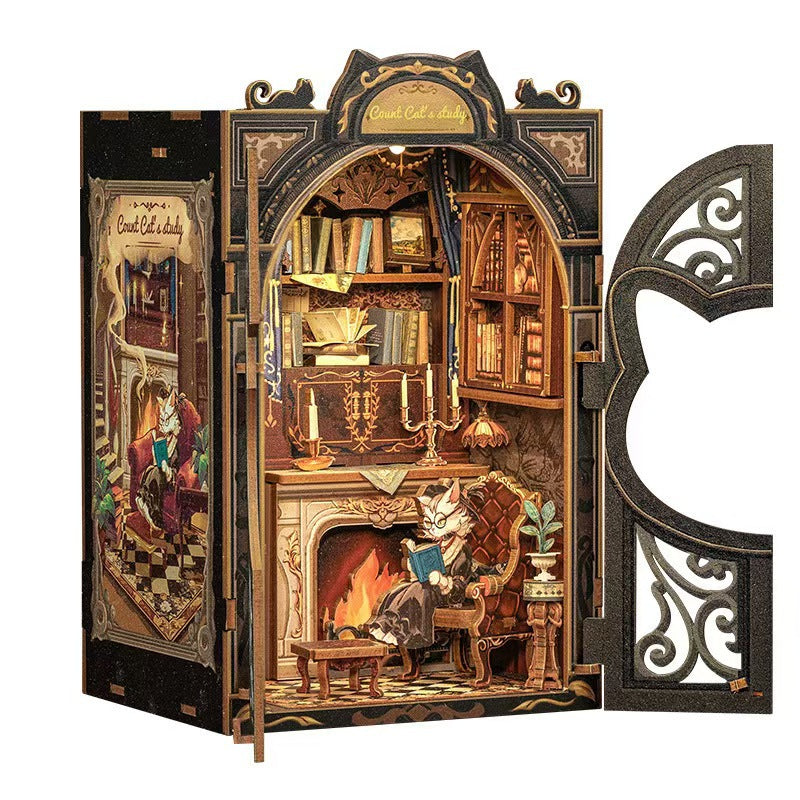 DIY Wooden Miniature Bookstore Book Stand Kit in cat earls study