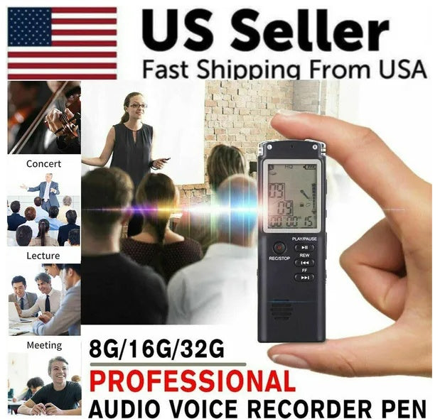 Voice recorder held in hand with concert, lecture and meeting uses