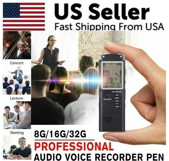 Voice recorder held in hand with concert, lecture and meeting uses