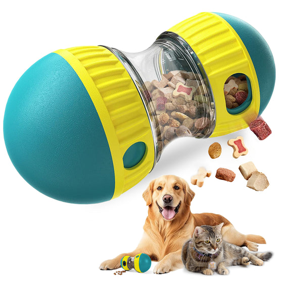Teal and yellow treat dispensing ball with kibble, a dog and a cat