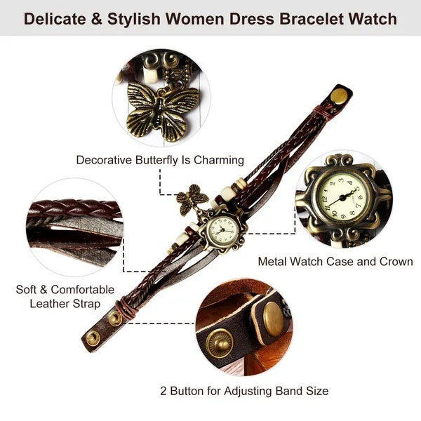Bohemian bracelet watch with callouts for the butterfly charm and alloy case