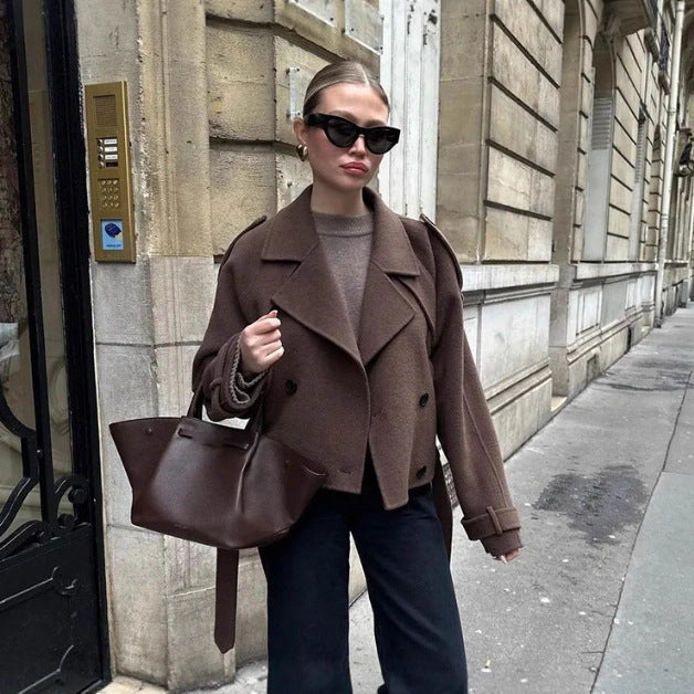 Women's dark brown cropped suit collar coat with lace-up detail, photo 4