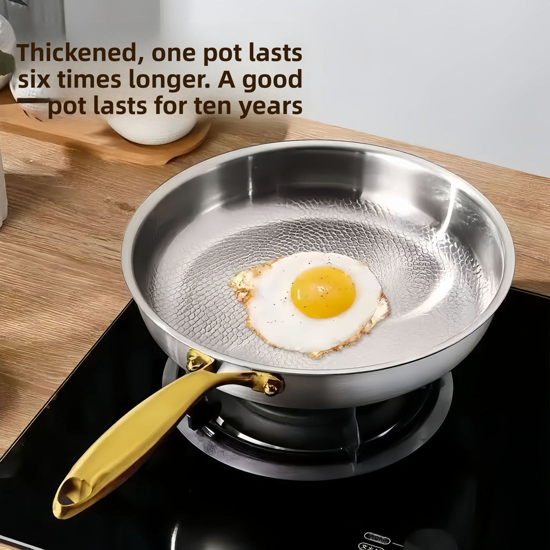 304 Stainless Steel Frying Pan with Gold-Tone Handle