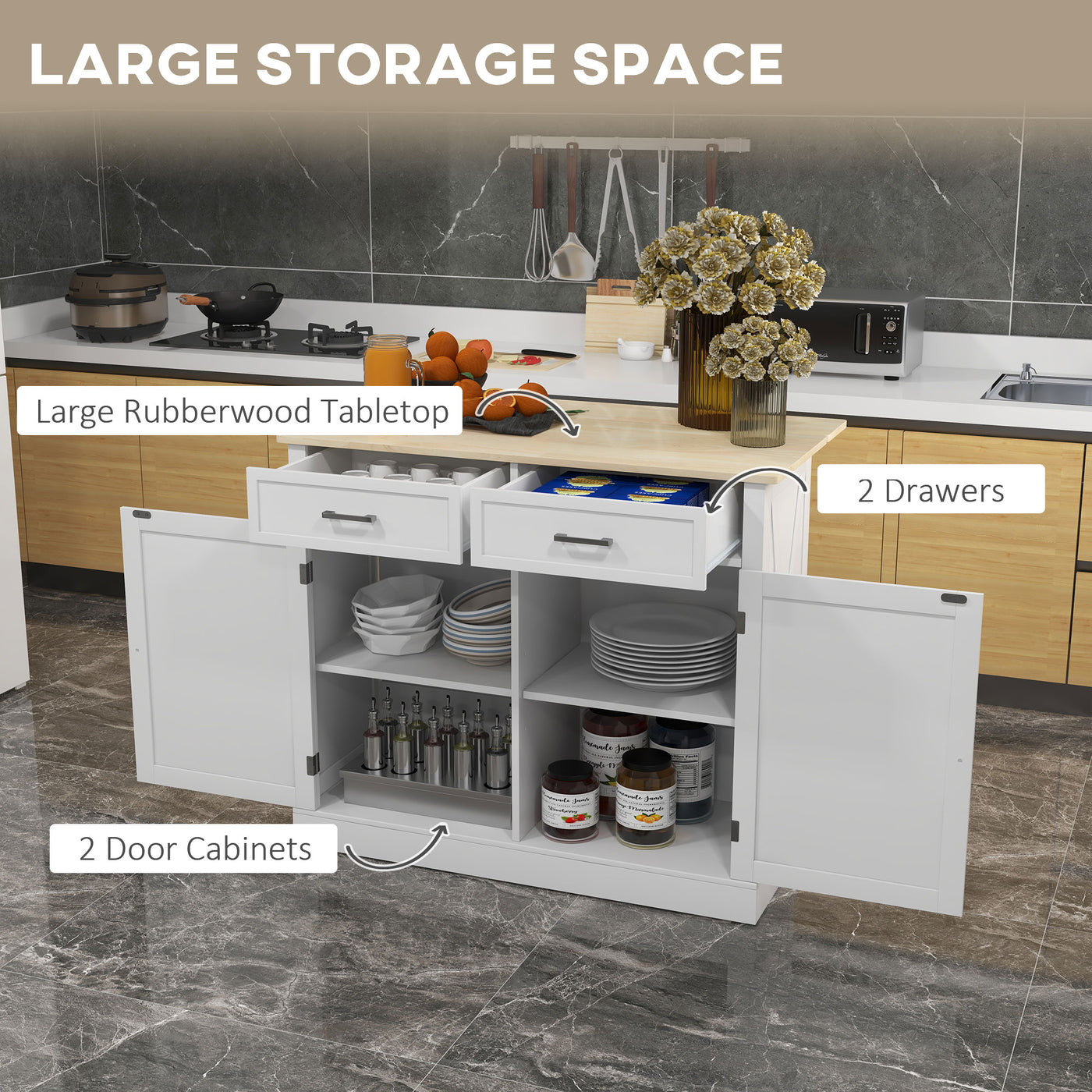 White kitchen cart drawers and adjustable shelf storage detail