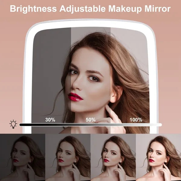 Lighted makeup mirror brightness levels from 30% to 100% shown on a face