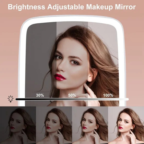 Lighted makeup mirror brightness levels from 30% to 100% shown on a face