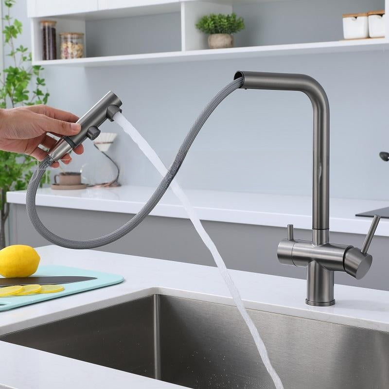 Cross-Border Russian Popular Pull-Out Kitchen Faucet Hot and Cold Sink Sink Three-In-One Dual-Use Pure Water Faucet