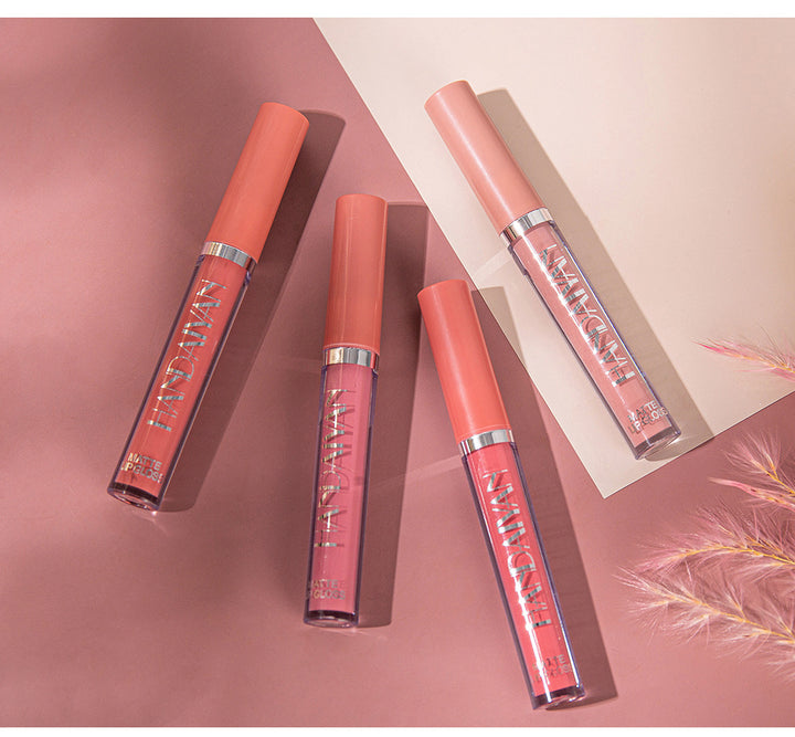 Six liquid lipstick shades swatched from nude to berry