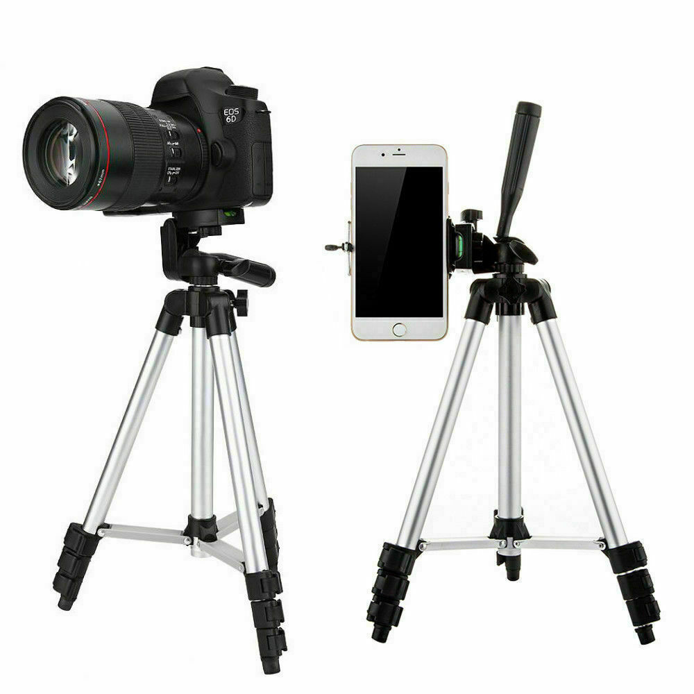 Phone tripod stand set at eye-level height