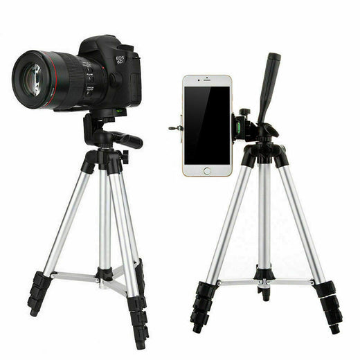 Phone tripod stand set at eye-level height