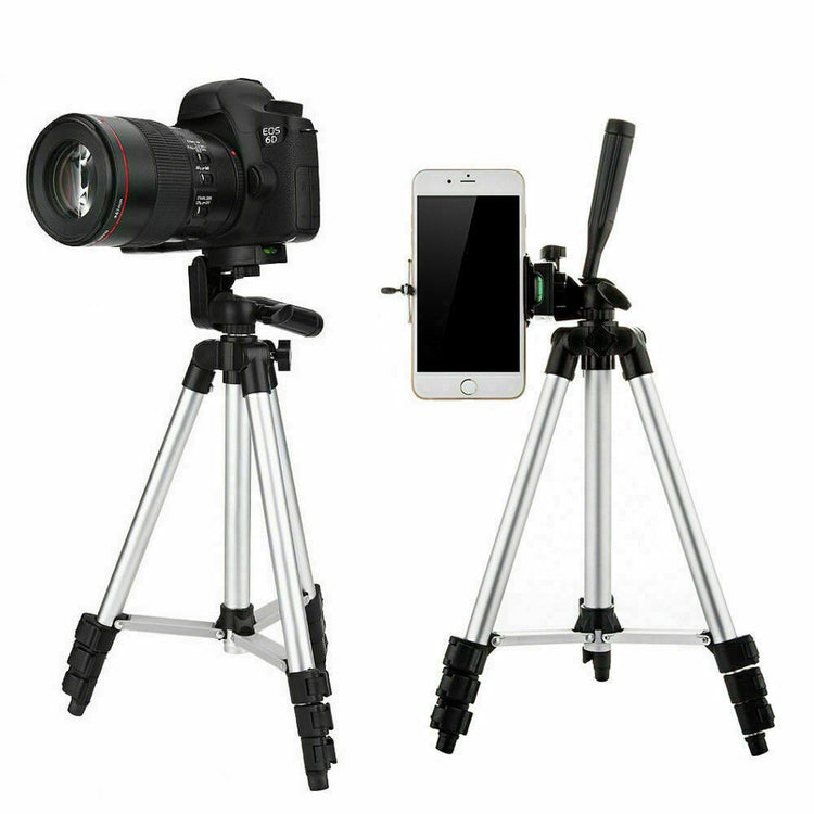 Phone tripod stand set at eye-level height