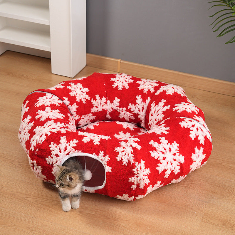 Christmas Cat Tunnel Bed – Red Snowflake Foldable Donut Bed with Play Tunnel