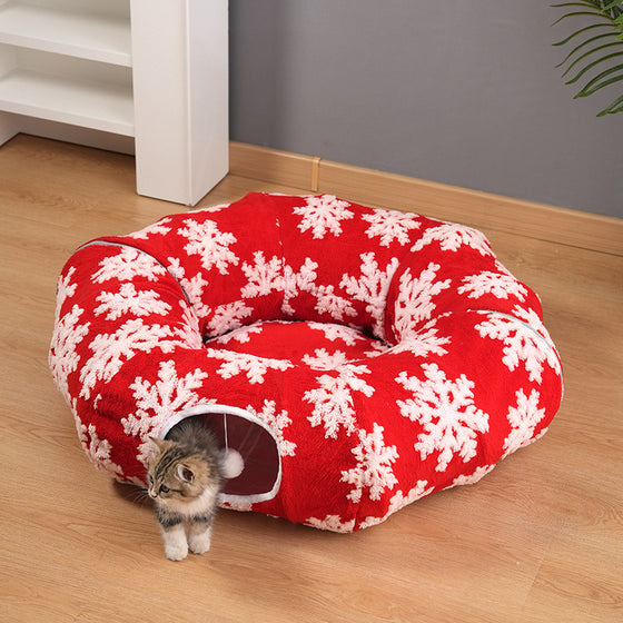 Christmas Cat Tunnel Bed – Red Snowflake Foldable Donut Bed with Play Tunnel