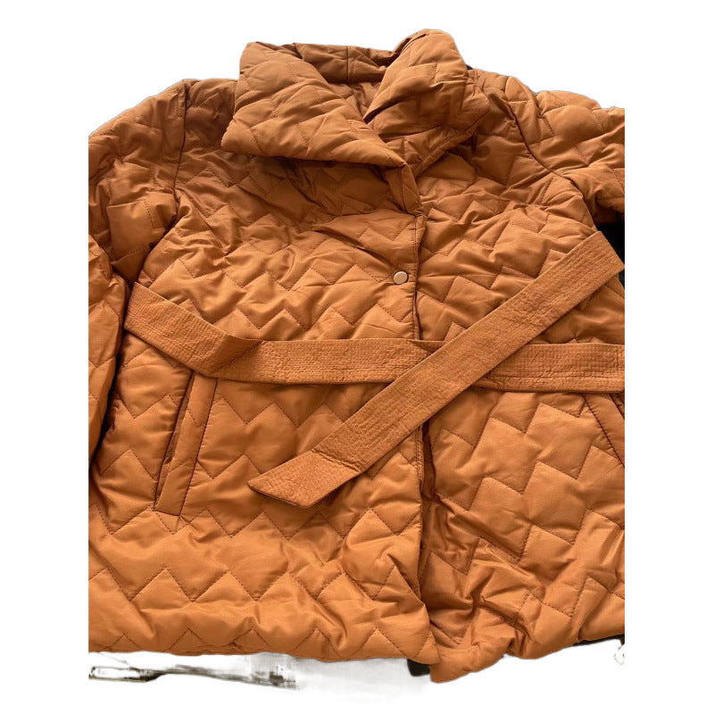 Women's belted geometric pattern padded coat with hood, photo 5