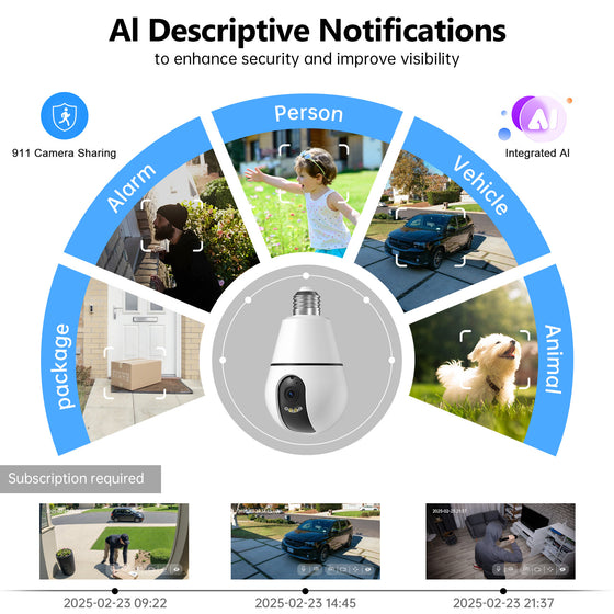 Bulb camera AI alert types: person, vehicle, animal and package