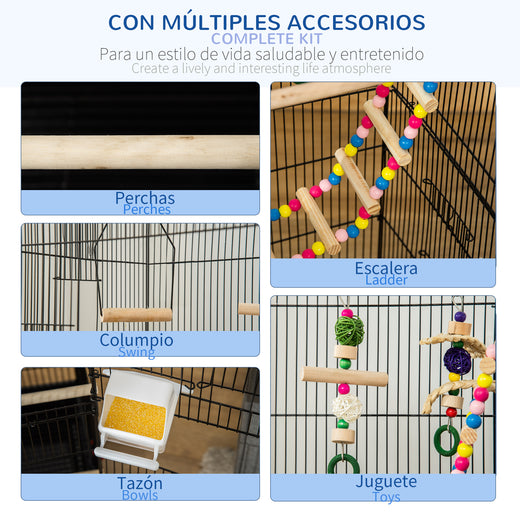 Bird cage with included toys hanging inside