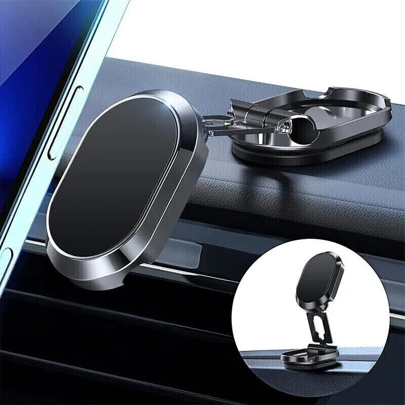Magnetic dashboard phone holder with smartphone attached