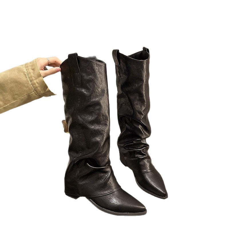 Pointed Toe Low Heel Suede Long Tube Women's Boots Khaki Black Brown