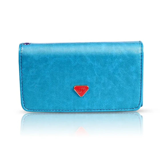 Blue wristlet wallet front view with red triangle accent