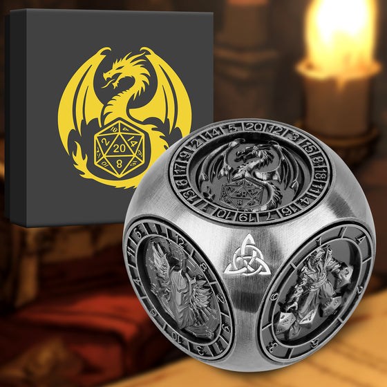 Dark silver spinning dice wheel cube with yellow dragon gift box