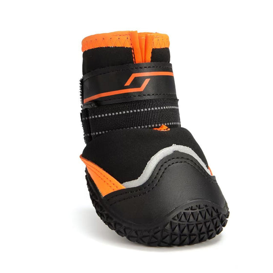 Black dog boot with an orange trim and treaded sole