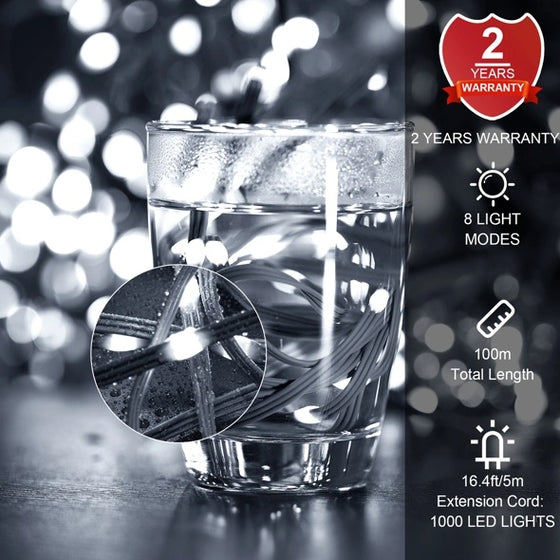 Warm white LED string lights in a glass jar with 1000 LED, 8 modes and 2-year warranty callouts