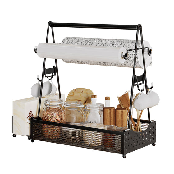 Grill utensil caddy holding spices, paper towels and tools