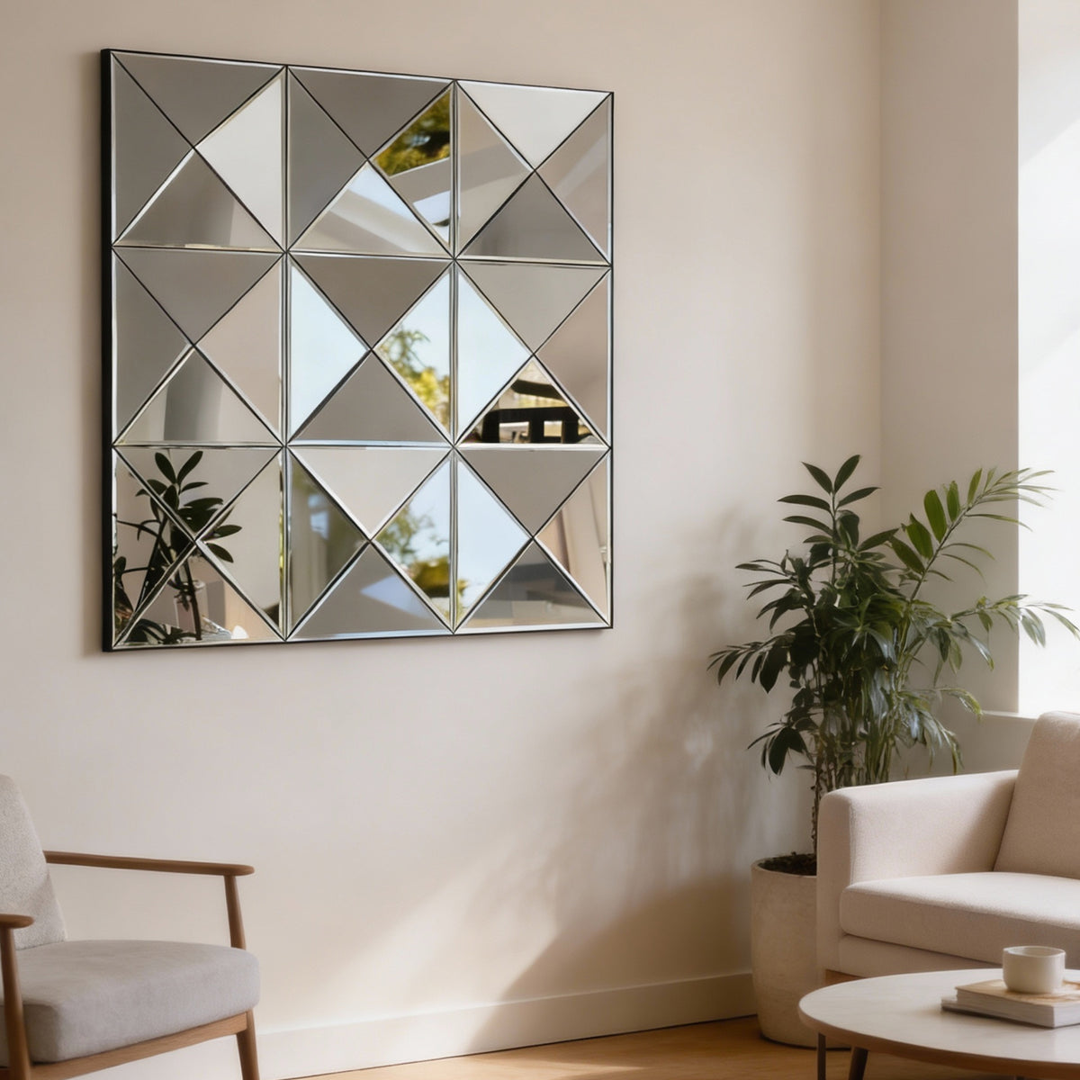Angled view of beveled glass mirror reflecting light