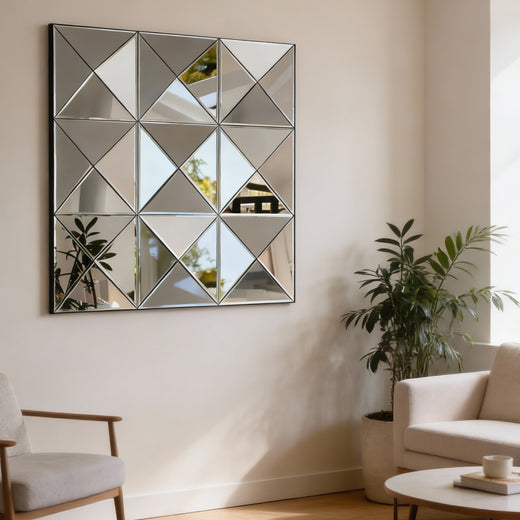 Angled view of beveled glass mirror reflecting light